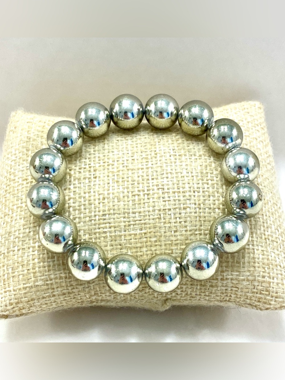 Chunky Metallic Silver Beaded Stretch Bracelet High Shine Statement Bubble